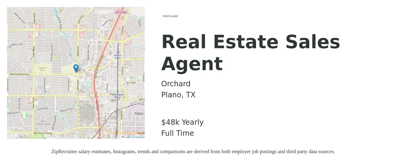 Orchard job posting for a Real Estate Sales Agent in Plano, TX with a salary of $48,227 Yearly with a map of Plano location.