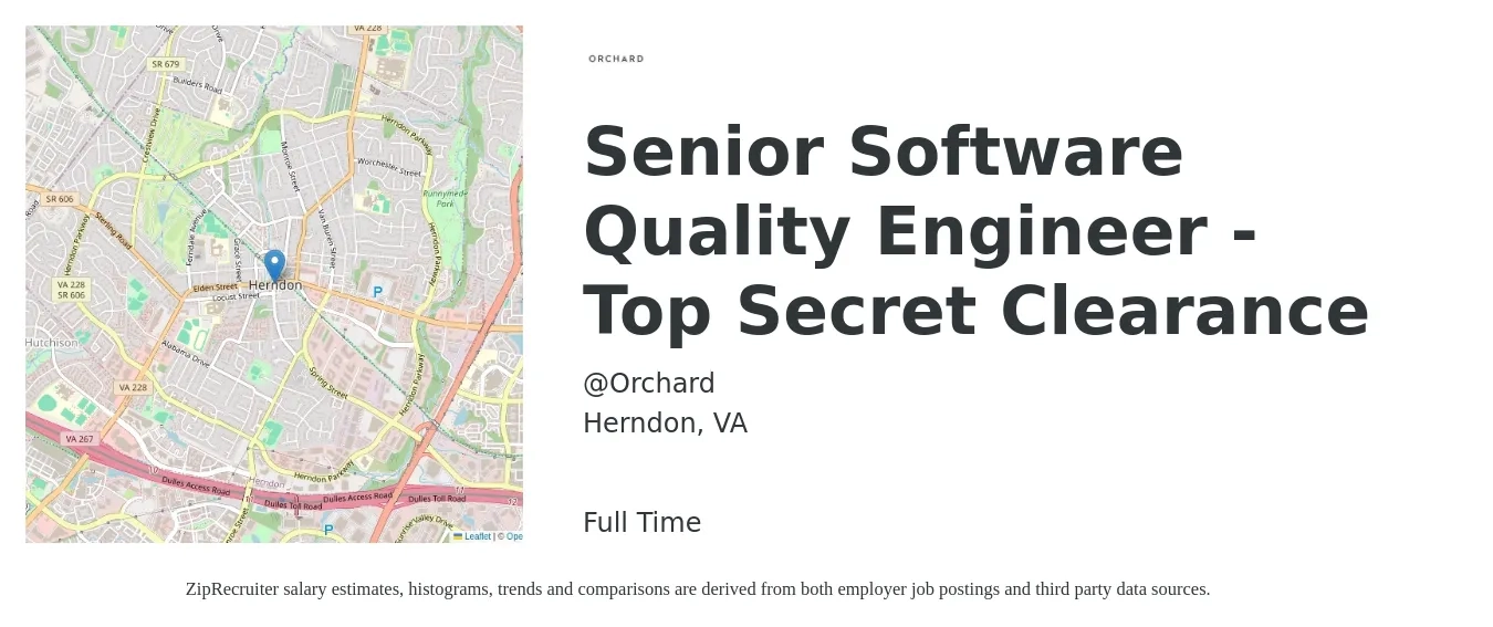 @Orchard job posting for a Senior Software Quality Engineer - Top Secret Clearance in Herndon, VA with a salary of $126,000 to $166,100 Yearly with a map of Herndon location.