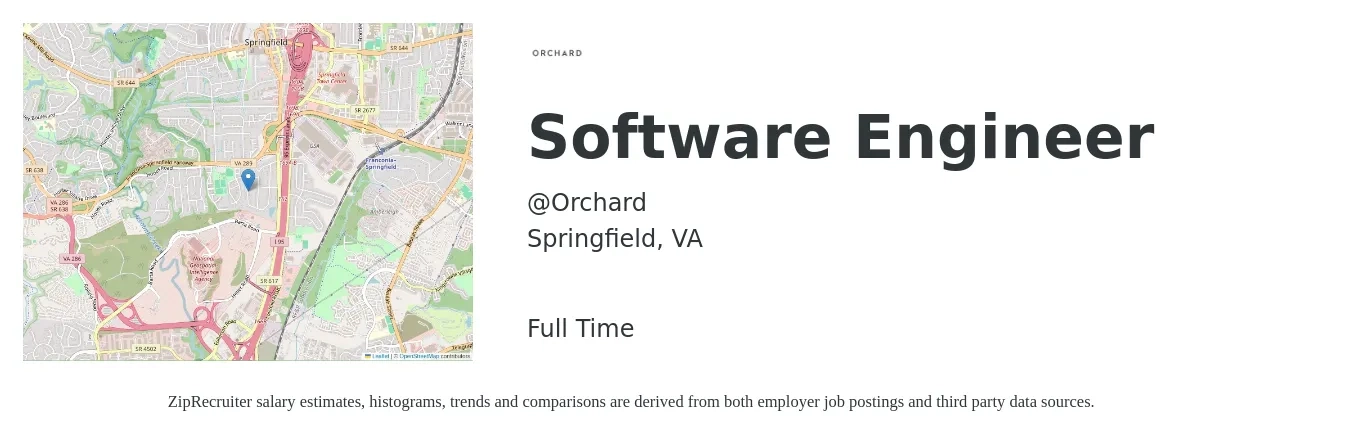 @Orchard job posting for a Software Engineer in Springfield, VA with a salary of $125,300 to $180,700 Yearly with a map of Springfield location.
