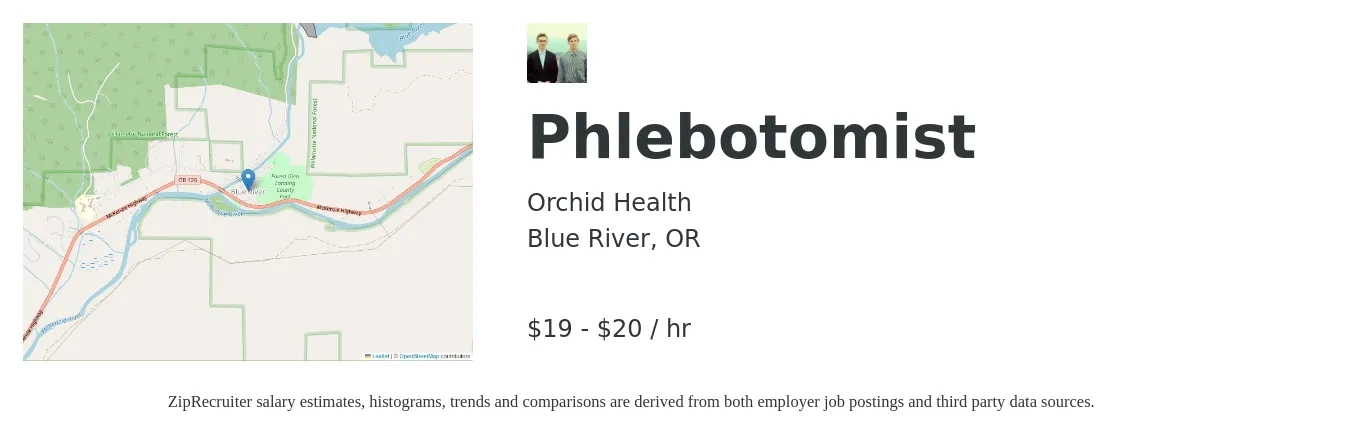 Orchid Health job posting for a Phlebotomist in Blue River, OR with a salary of $20 to $22 Hourly with a map of Blue River location.