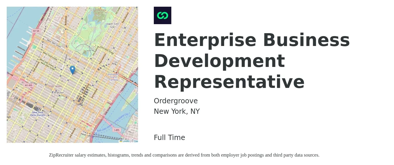 Ordergroove job posting for a Enterprise Business Development Representative in New York, NY with a salary of $49,200 to $76,600 Yearly with a map of New York location.