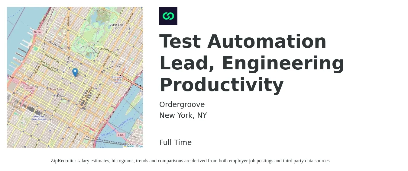 Ordergroove job posting for a Test Automation Lead, Engineering Productivity in New York, NY with a salary of $50 to $66 Hourly with a map of New York location.