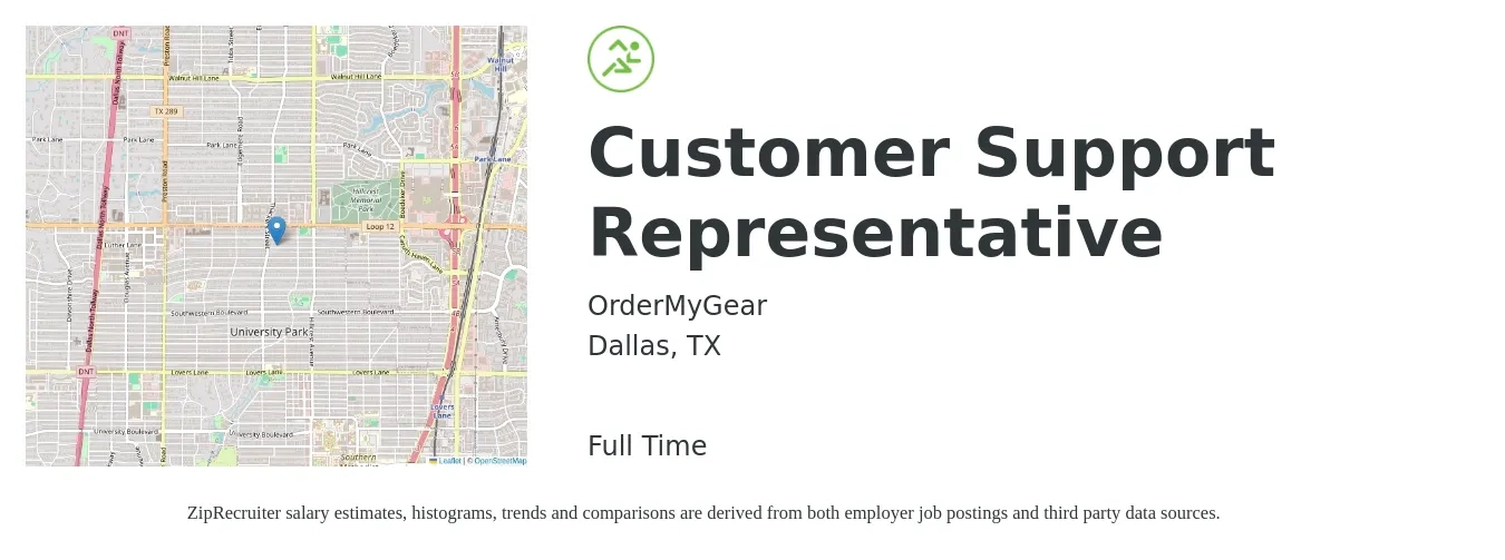 OrderMyGear job posting for a Customer Support Representative in Dallas, TX with a salary of $16 to $22 Hourly with a map of Dallas location.