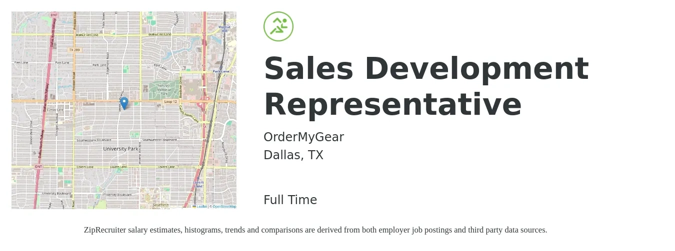 OrderMyGear job posting for a Sales Development Representative in Dallas, TX with a salary of $41,500 to $60,300 Yearly with a map of Dallas location.