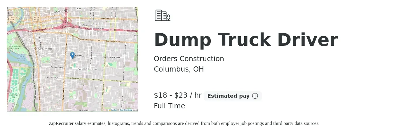 Orders Construction job posting for a Dump Truck Driver in Columbus, OH with a salary of $19 to $24 Hourly with a map of Columbus location.