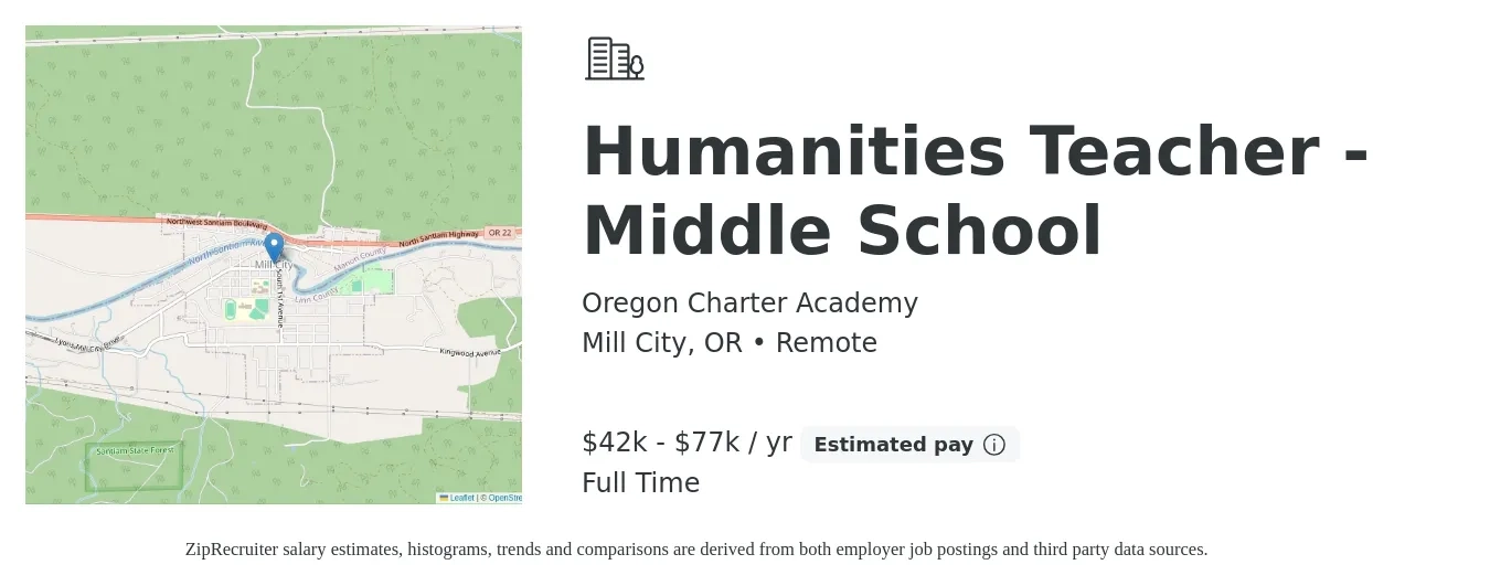 Oregon Charter Academy job posting for a Humanities Teacher - Middle School in Mill City, OR with a salary of $42,000 to $77,000 Yearly with a map of Mill City location.