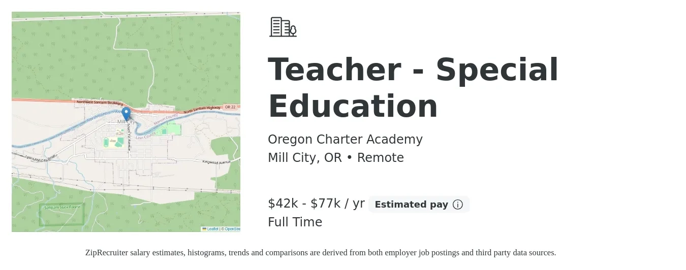 Oregon Charter Academy job posting for a Teacher - Special Education in Mill City, OR with a salary of $42,000 to $77,000 Yearly with a map of Mill City location.