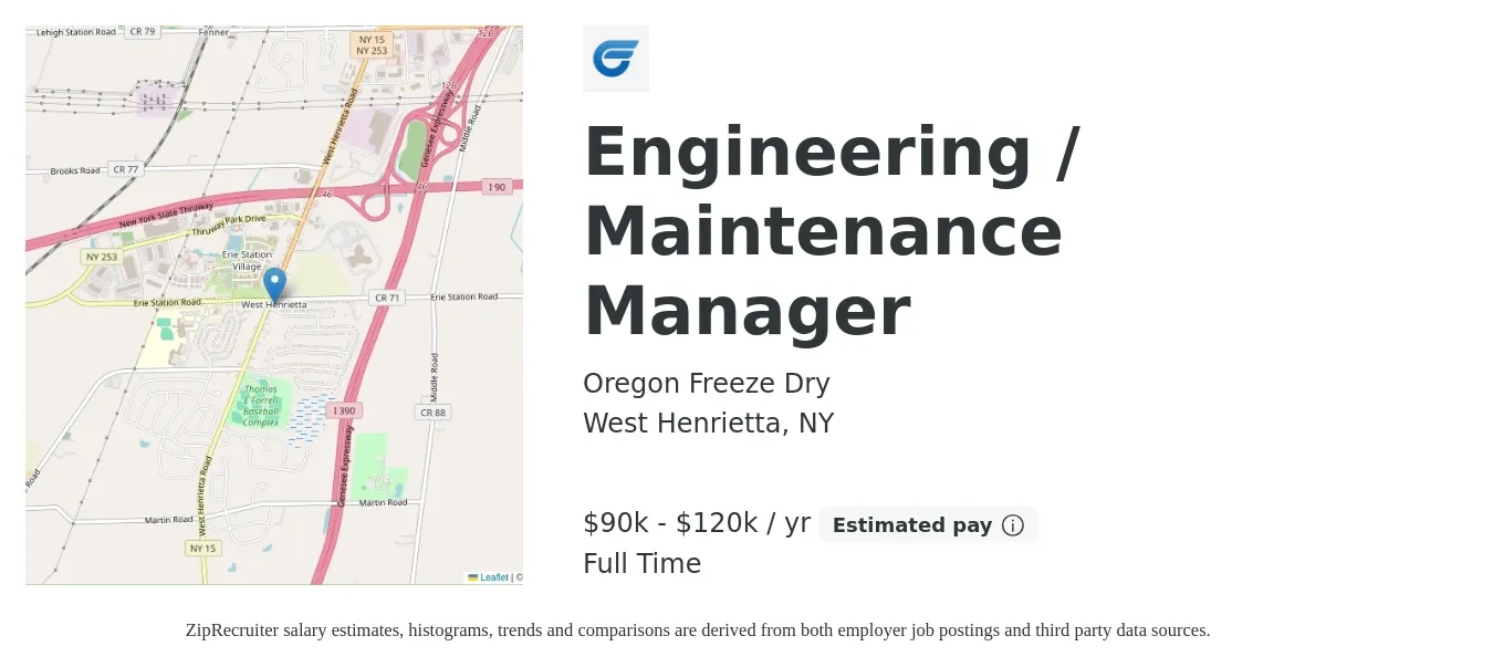Oregon Freeze Dry job posting for a Engineering / Maintenance Manager in West Henrietta, NY with a salary of $90,000 to $120,000 Yearly with a map of West Henrietta location.