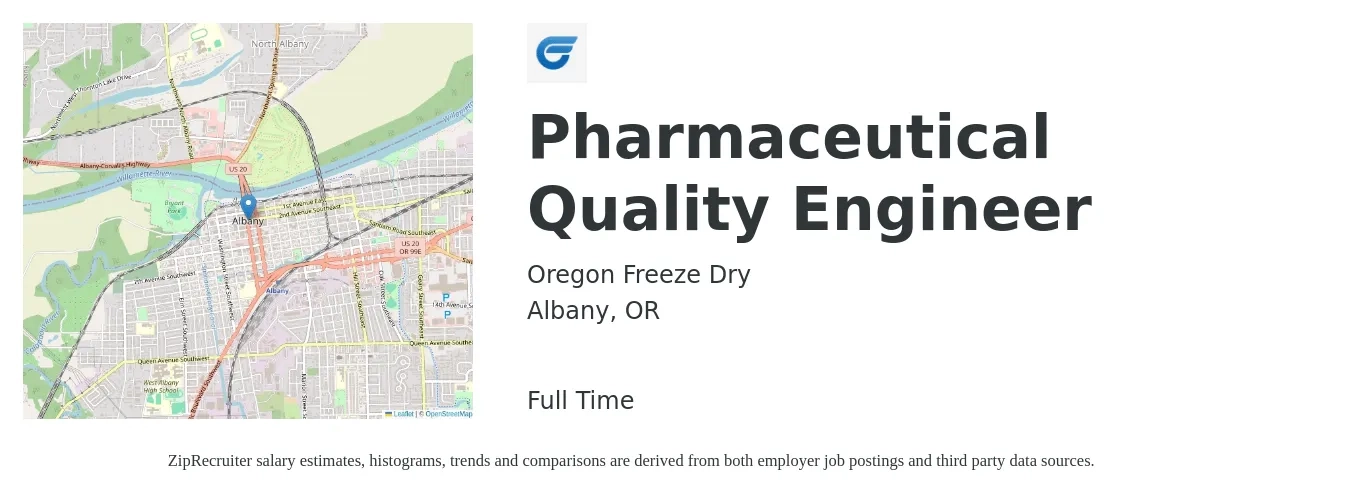 Oregon Freeze Dry job posting for a Pharmaceutical Quality Engineer in Albany, OR with a salary of $71,800 to $92,800 Yearly with a map of Albany location.