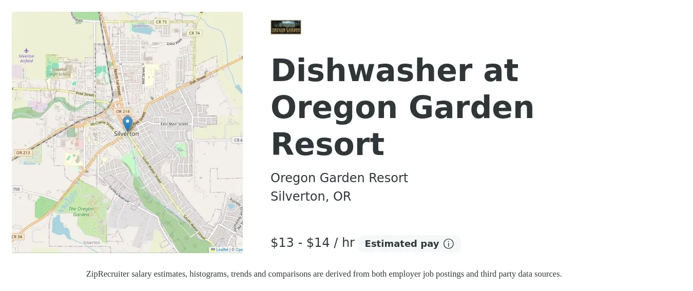Oregon Garden Resort job posting for a Dishwasher at Oregon Garden Resort in Silverton, OR with a salary of $14 to $15 Hourly with a map of Silverton location.
