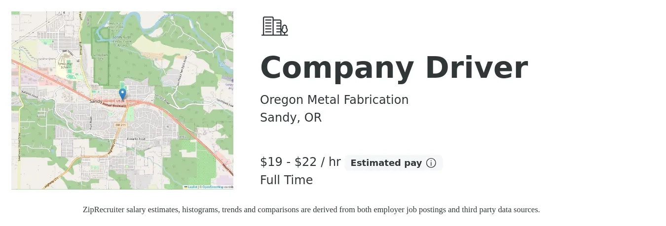 Oregon Metal Fabrication job posting for a Company Driver in Sandy, OR with a salary of $20 to $23 Hourly with a map of Sandy location.