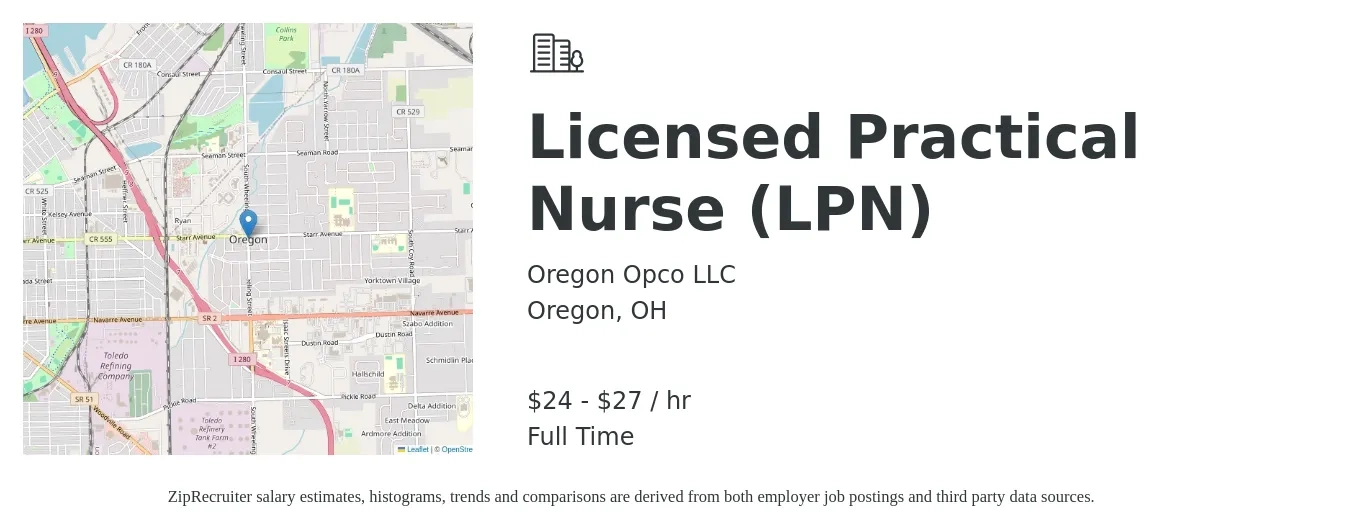 Oregon Opco LLC job posting for a Licensed Practical Nurse (LPN) in Oregon, OH with a salary of $25 to $29 Hourly with a map of Oregon location.