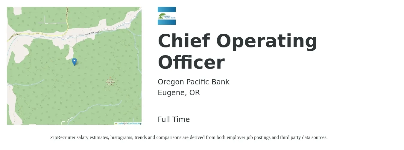 Oregon Pacific Bank job posting for a Chief Operating Officer in Eugene, OR with a salary of $112,000 to $185,800 Yearly with a map of Eugene location.