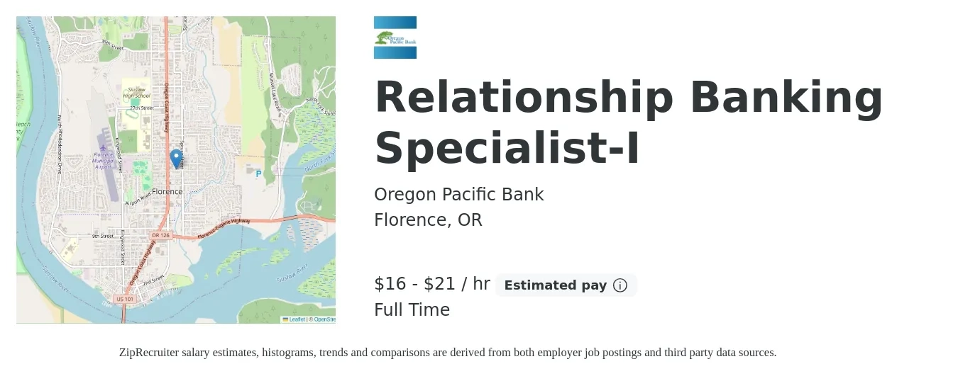 Oregon Pacific Bank job posting for a Relationship Banking Specialist-I in Florence, OR with a salary of $17 to $22 Hourly with a map of Florence location.