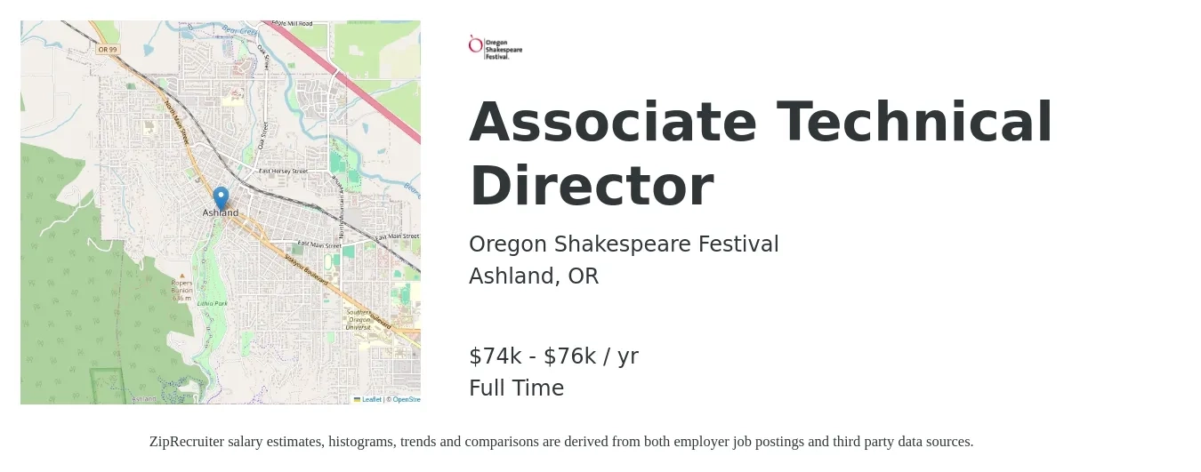 Oregon Shakespeare Festival job posting for a Associate Technical Director in Ashland, OR with a salary of $74,000 to $76,000 Yearly with a map of Ashland location.