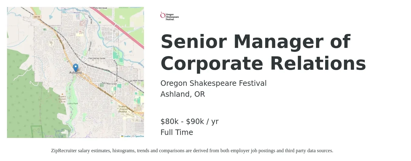 Oregon Shakespeare Festival job posting for a Senior Manager of Corporate Relations in Ashland, OR with a salary of $80,000 to $90,000 Yearly with a map of Ashland location.