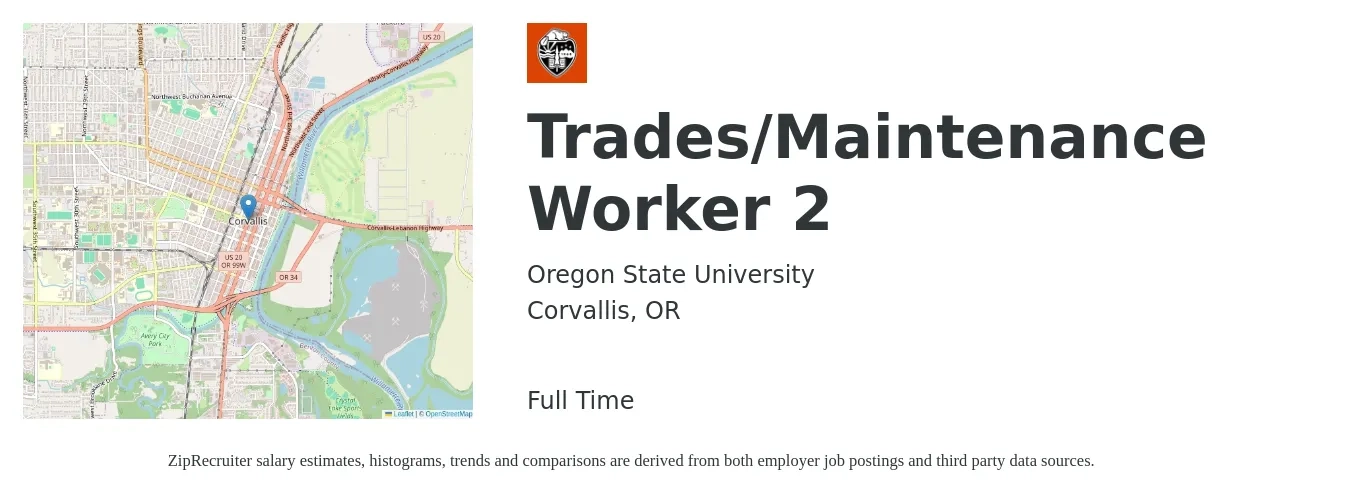Oregon State University job posting for a Trades/Maintenance Worker 2 in Corvallis, OR with a salary of $18 to $26 Hourly with a map of Corvallis location.