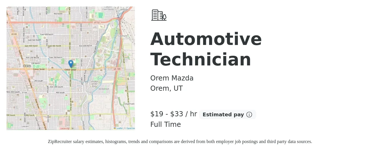 Orem Mazda job posting for a Automotive Technician in Orem, UT with a salary of $20 to $35 Hourly with a map of Orem location.