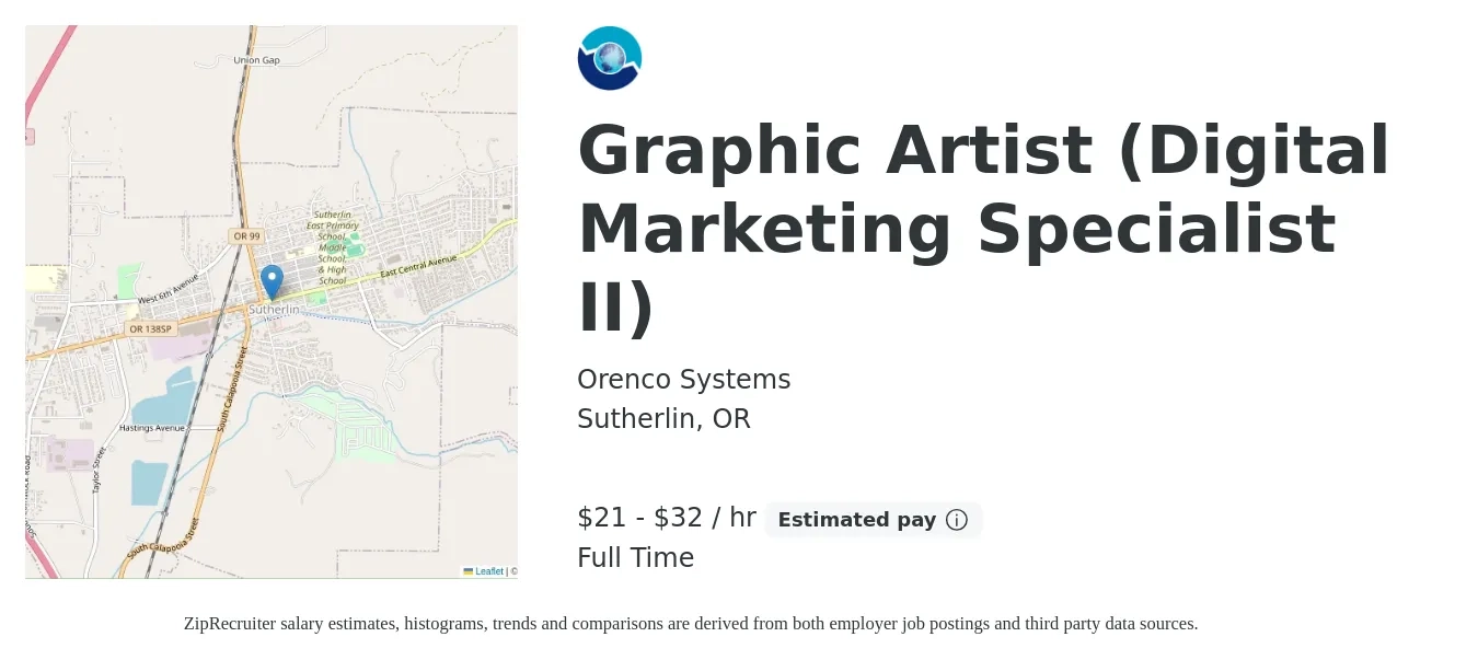 Orenco Systems job posting for a Graphic Artist (Digital Marketing Specialist II) in Sutherlin, OR with a salary of $46,800 to $97,000 Yearly with a map of Sutherlin location.