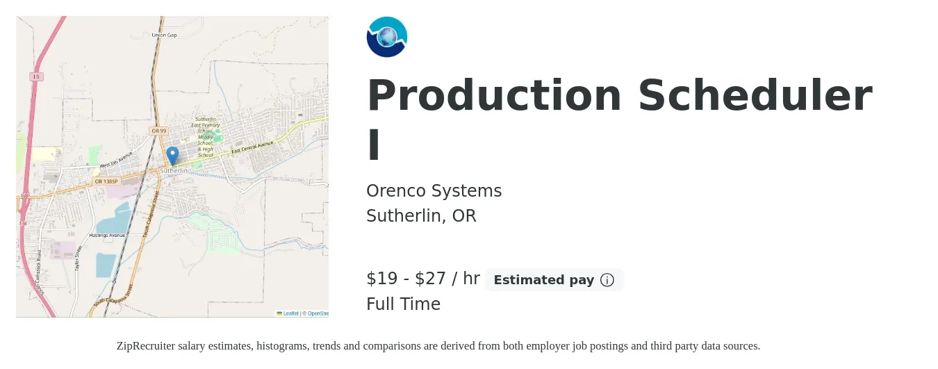 Orenco Systems job posting for a Production Scheduler I in Sutherlin, OR with a salary of $20 to $29 Hourly with a map of Sutherlin location.