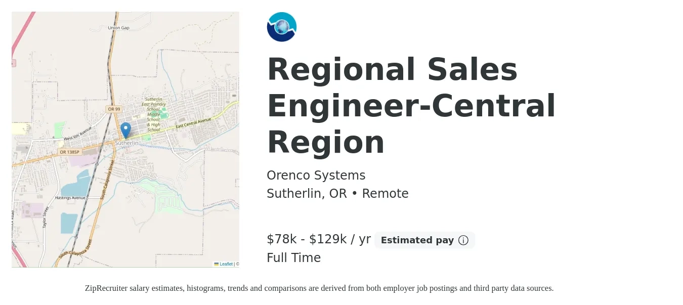Orenco Systems job posting for a Regional Sales Engineer-Central Region in Sutherlin, OR with a salary of $78,354 to $129,126 Yearly with a map of Sutherlin location.