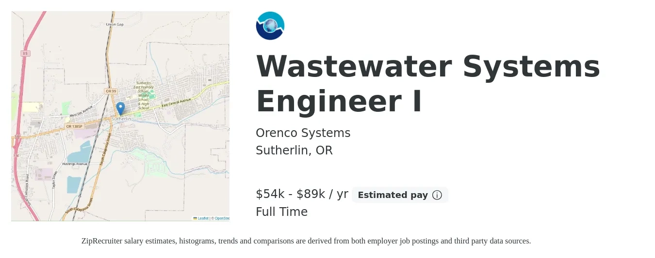 Orenco Systems job posting for a Wastewater Systems Engineer I in Sutherlin, OR with a salary of $54,829 to $89,565 Yearly with a map of Sutherlin location.