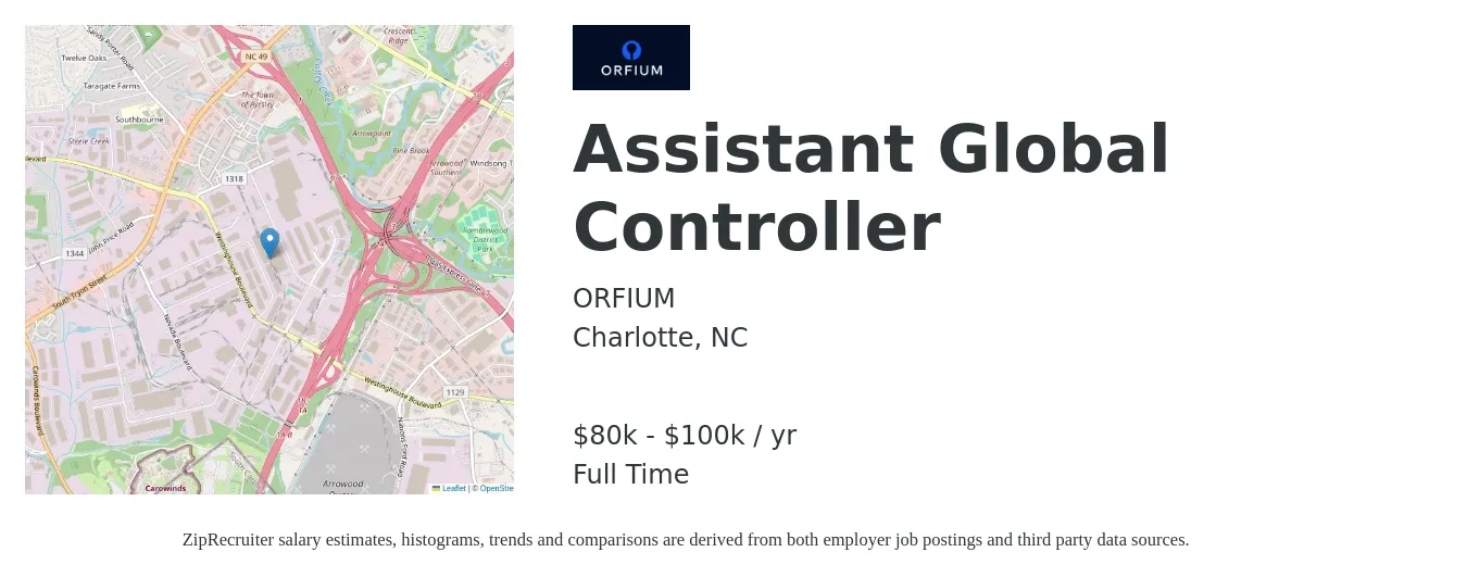 ORFIUM job posting for a Assistant Global Controller in Charlotte, NC with a salary of $80,000 to $100,000 Yearly with a map of Charlotte location.
