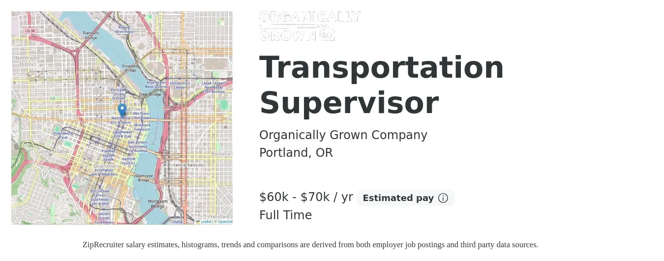 Organically Grown Company job posting for a Transportation Supervisor in Portland, OR with a salary of $60,000 to $70,000 Yearly with a map of Portland location.