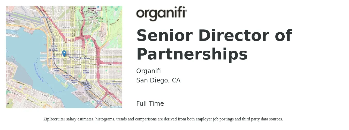 Organifi job posting for a Senior Director of Partnerships in San Diego, CA with a salary of $150,000 to $225,000 Yearly with a map of San Diego location.