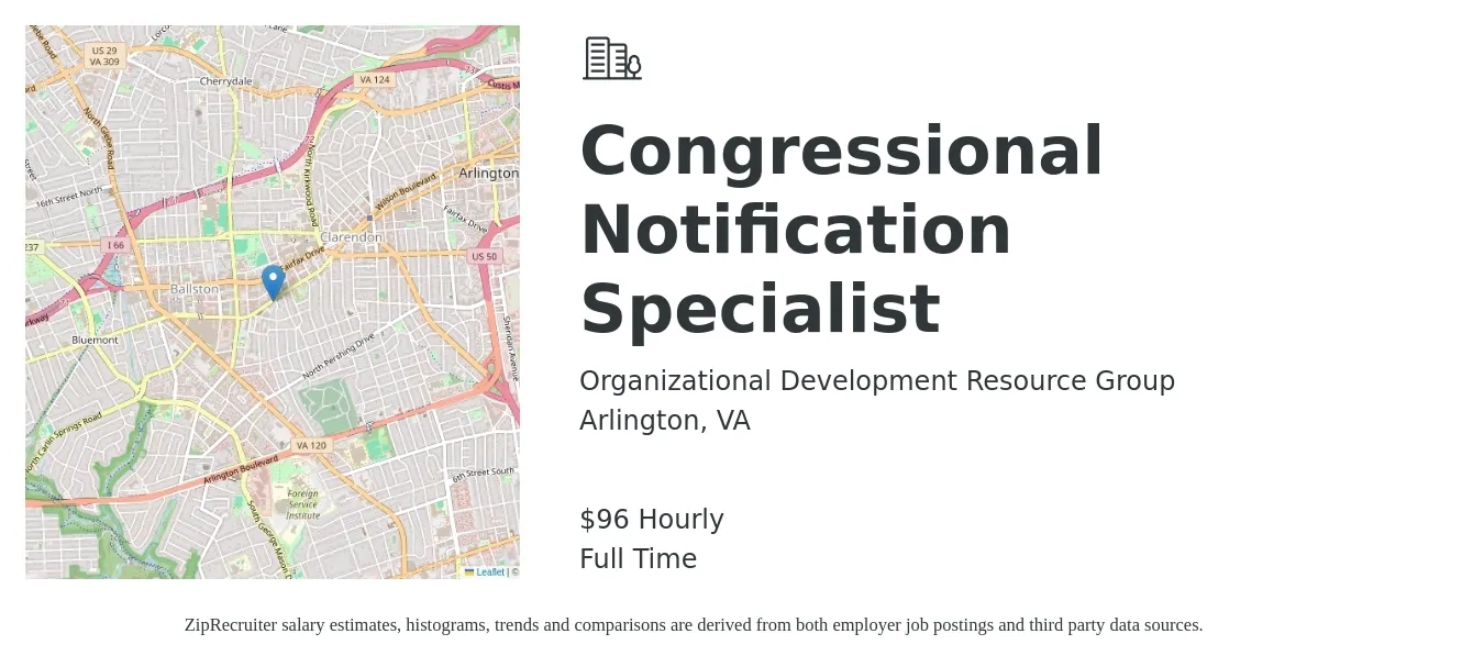 Organizational Development Resource Group job posting for a Congressional Notification Specialist in Arlington, VA with a map of Arlington location.