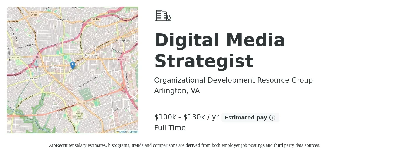 Organizational Development Resource Group job posting for a Digital Media Strategist in Arlington, VA with a salary of $63,400 to $93,900 Yearly with a map of Arlington location.