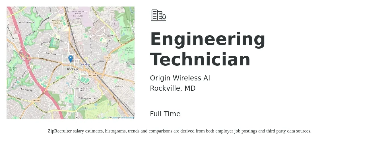 Origin Wireless AI job posting for a Engineering Technician in Rockville, MD with a salary of $47,900 to $73,400 Yearly with a map of Rockville location.