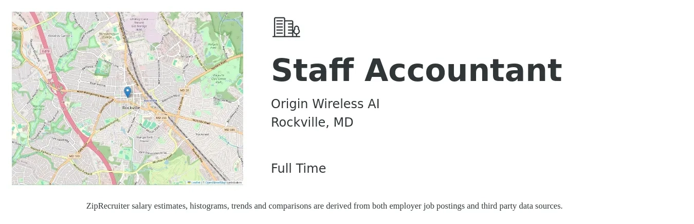 Origin Wireless AI job posting for a Staff Accountant in Rockville, MD with a salary of $56,100 to $73,900 Yearly with a map of Rockville location.