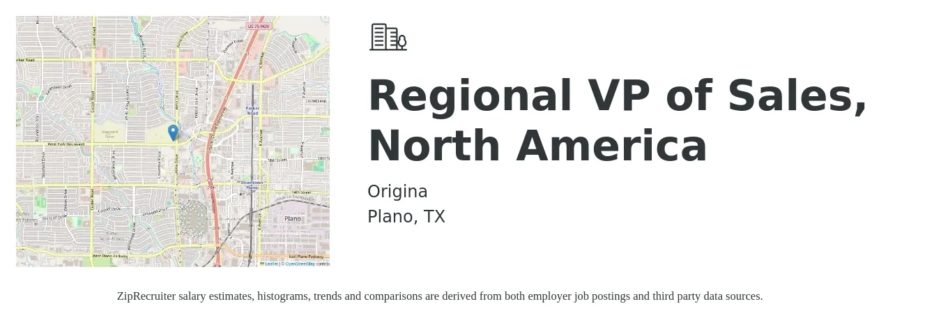 Origina job posting for a Regional VP of Sales, North America in Plano, TX with a salary of $93,500 to $112,200 Yearly with a map of Plano location.