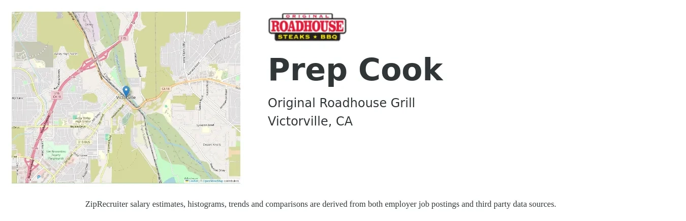 Original Roadhouse Grill job posting for a Prep Cook in Victorville, CA with a salary of $14 to $18 Hourly with a map of Victorville location.