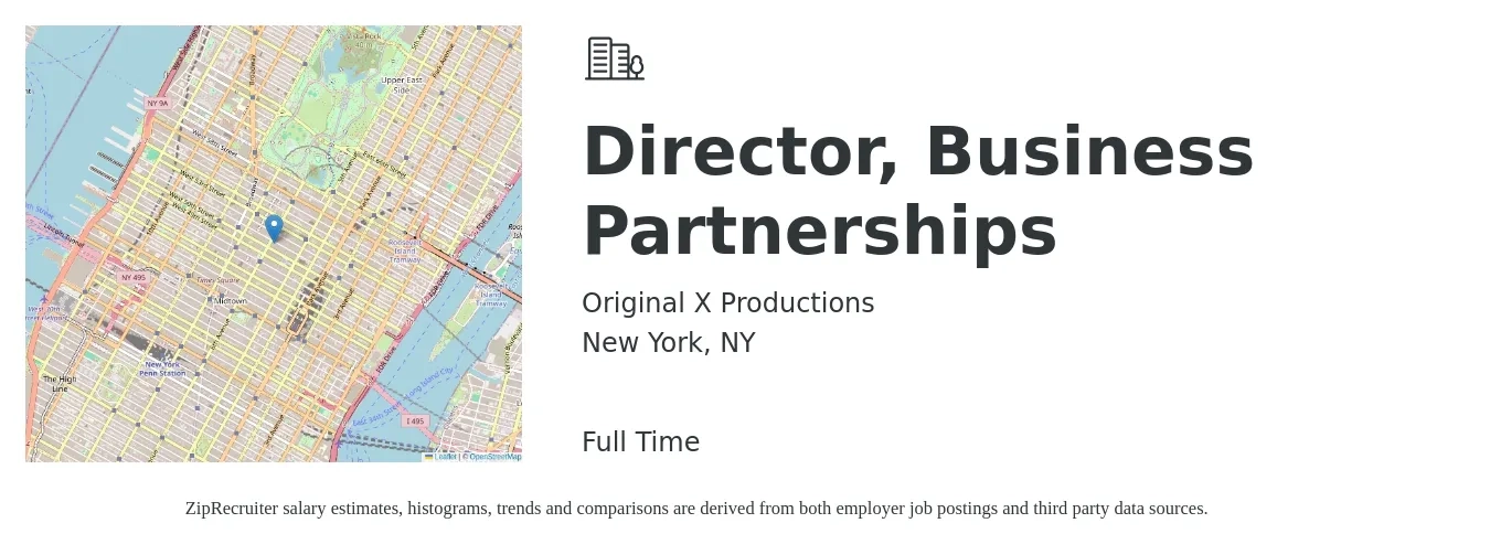 Original X Productions job posting for a Director, Business Partnerships in New York, NY with a salary of $102,300 to $165,700 Yearly with a map of New York location.