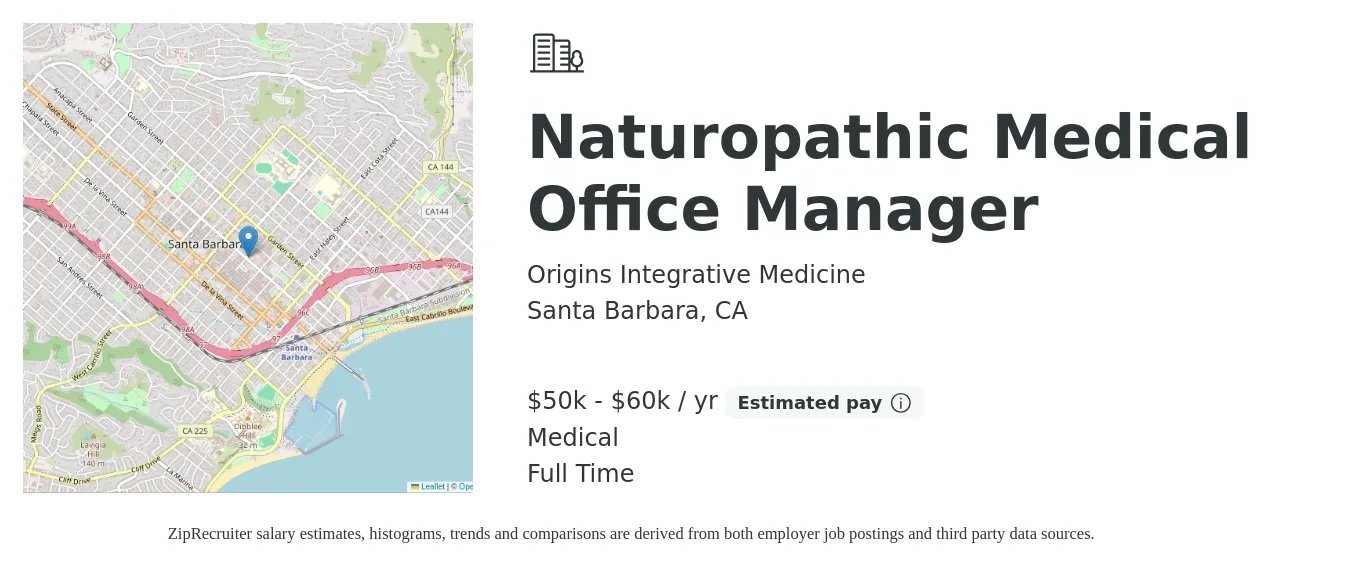 Origins Integrative Medicine job posting for a Naturopathic Medical Office Manager in Santa Barbara, CA with a salary of $50,000 to $60,000 Yearly and benefits including medical with a map of Santa Barbara location.