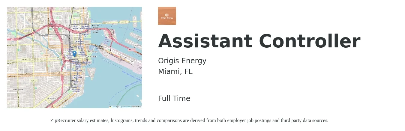 Origis Energy job posting for a Assistant Controller in Miami, FL with a salary of $79,900 to $113,800 Yearly with a map of Miami location.