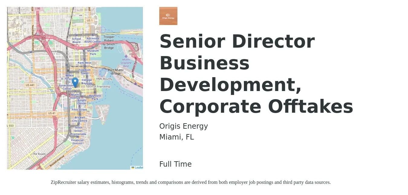 Origis Energy job posting for a Senior Director Business Development, Corporate Offtakes in Miami, FL with a salary of $77,000 to $129,600 Yearly with a map of Miami location.