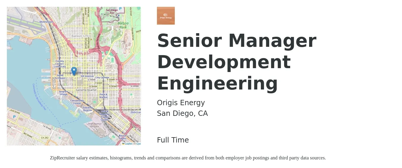 Origis Energy job posting for a Senior Manager Development Engineering in San Diego, CA with a salary of $120,500 to $173,100 Yearly with a map of San Diego location.
