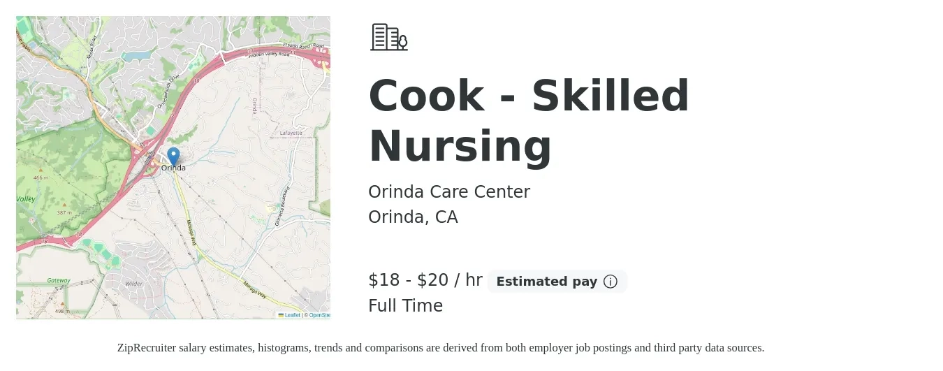 Orinda Care Center job posting for a Cook - Skilled Nursing in Orinda, CA with a salary of $19 to $21 Hourly with a map of Orinda location.