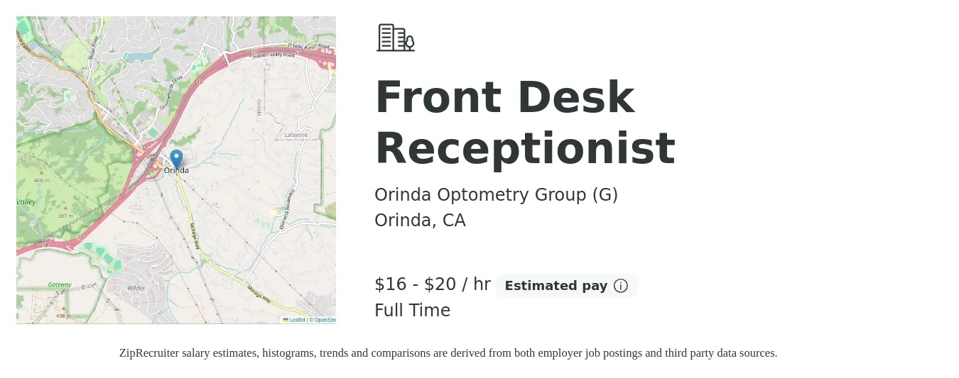 Orinda Optometry Group (G) job posting for a Front Desk Receptionist in Orinda, CA with a salary of $18 to $21 Hourly with a map of Orinda location.