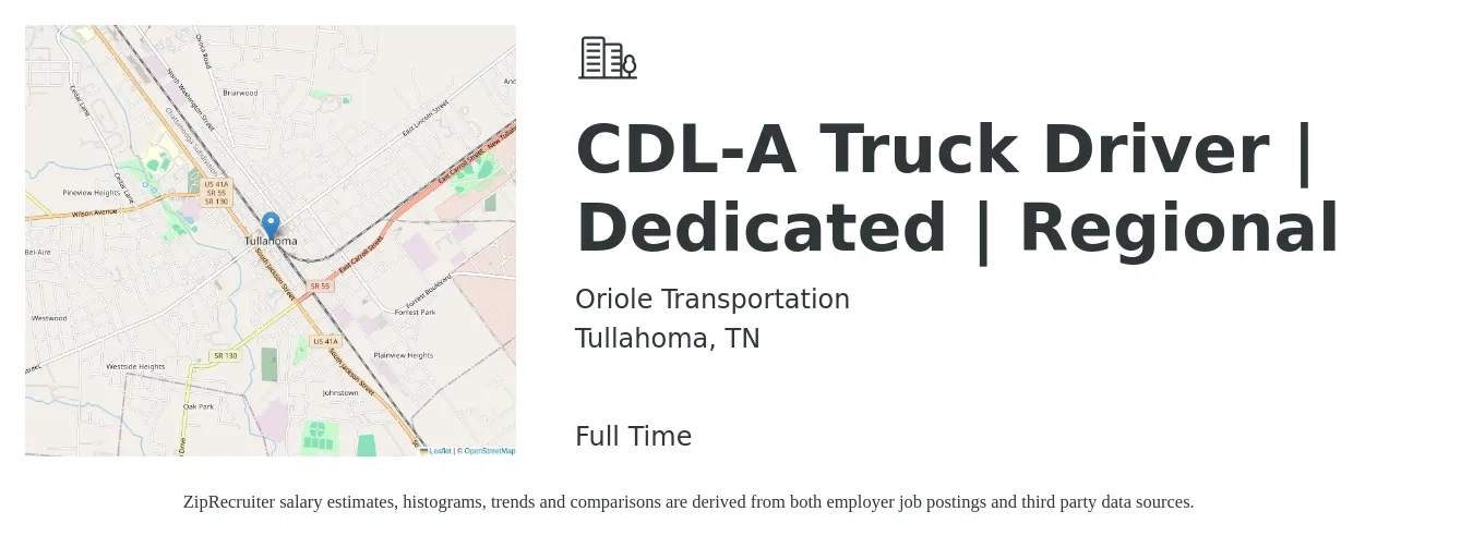 Oriole Transportation job posting for a CDL-A Truck Driver | Dedicated | Regional in Tullahoma, TN with a salary of $1,725 to $2,305 Weekly with a map of Tullahoma location.