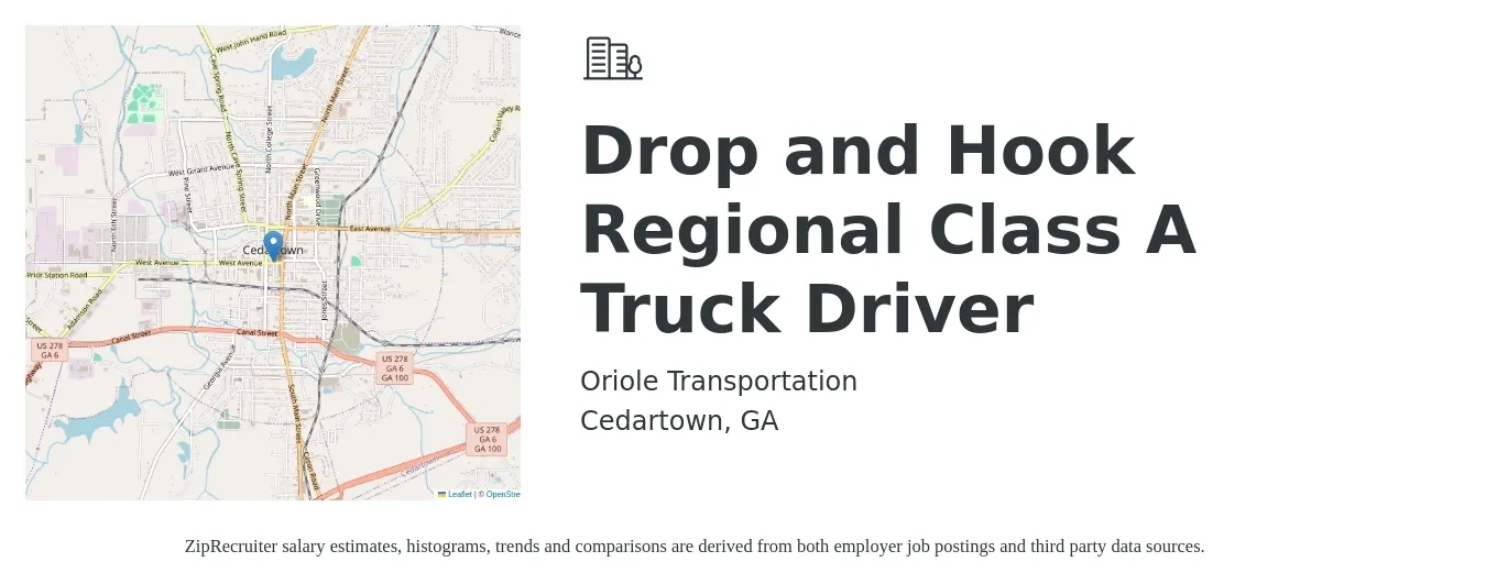 Oriole Transportation job posting for a Drop and Hook Regional Class A Truck Driver in Cedartown, GA with a salary of $1,250 to $1,460 Weekly with a map of Cedartown location.