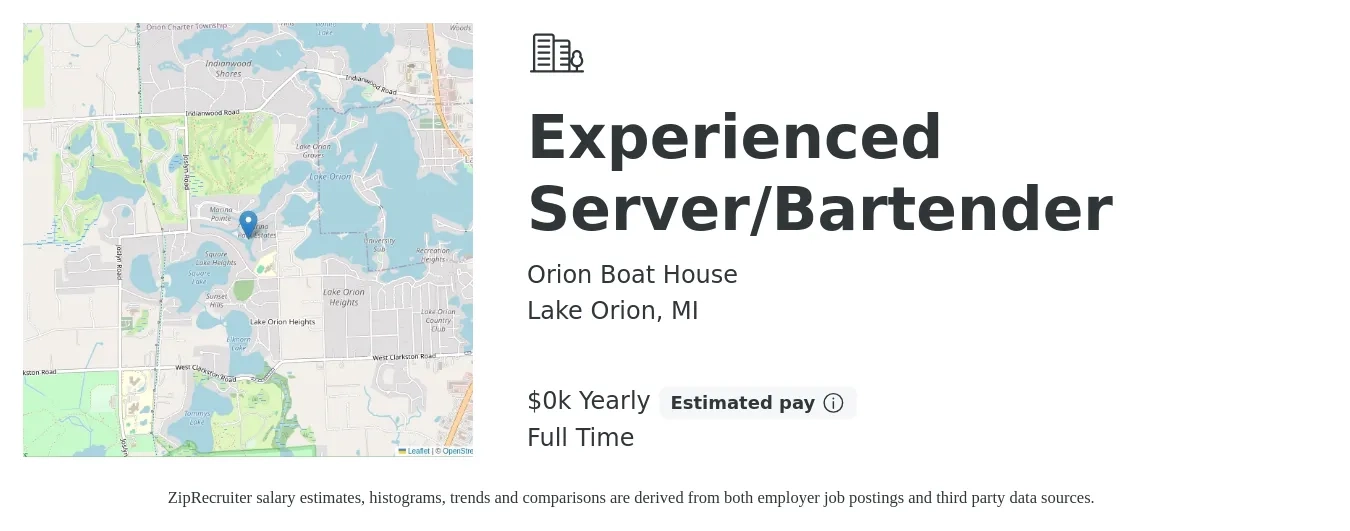 Orion Boat House job posting for a Experienced Server/Bartender in Lake Orion, MI with a salary of $4 Yearly with a map of Lake Orion location.
