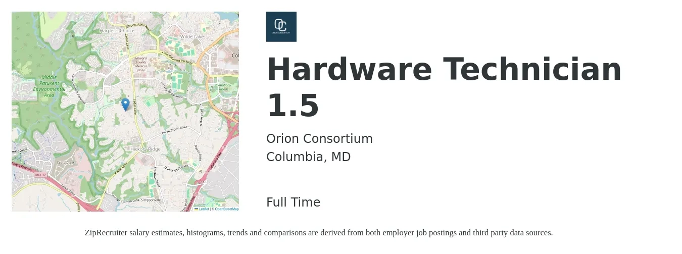 Orion Consortium job posting for a Hardware Technician 1.5 in Columbia, MD with a salary of $18 to $29 Hourly with a map of Columbia location.