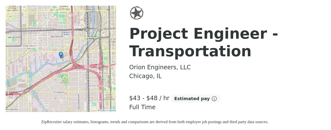 Orion Engineers, LLC job posting for a Project Engineer - Transportation in Chicago, IL with a salary of $45 to $50 Hourly with a map of Chicago location.