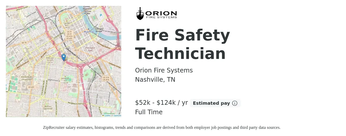 Orion Fire Systems job posting for a Fire Safety Technician in Nashville, TN with a salary of $52,000 to $124,800 Yearly with a map of Nashville location.