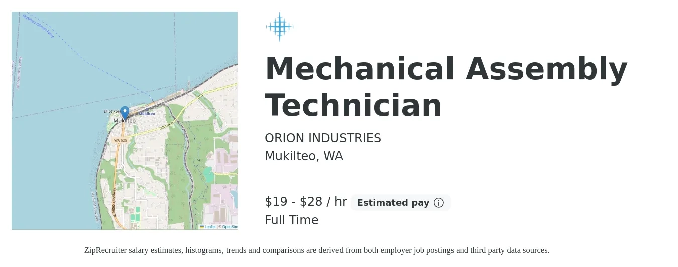 ORION INDUSTRIES job posting for a Mechanical Assembly Technician in Mukilteo, WA with a salary of $20 to $30 Hourly with a map of Mukilteo location.