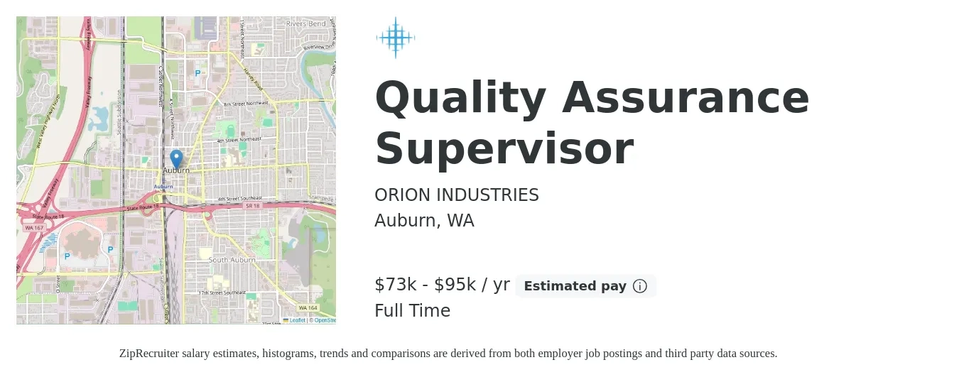 ORION INDUSTRIES job posting for a Quality Assurance Supervisor in Auburn, WA with a salary of $73,000 to $95,000 Yearly with a map of Auburn location.